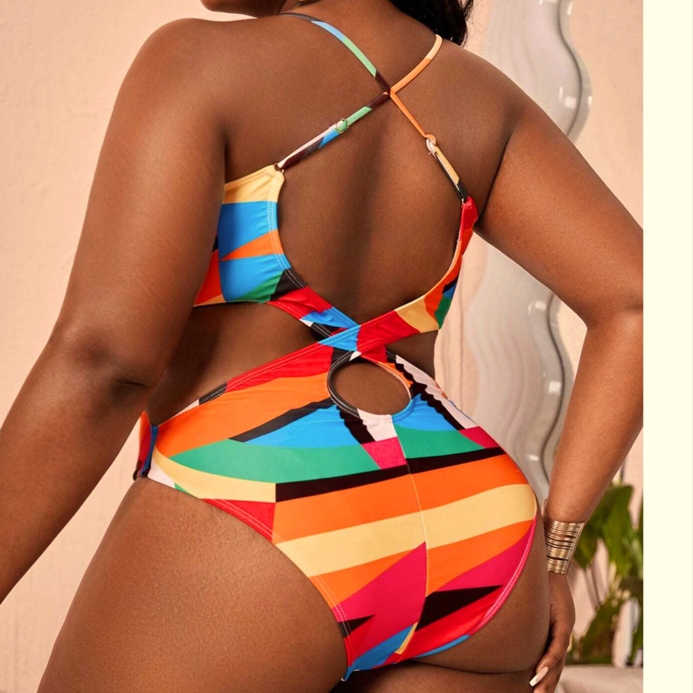 New- Plus Geo Print Crisscross Backless One Piece Swimsuit